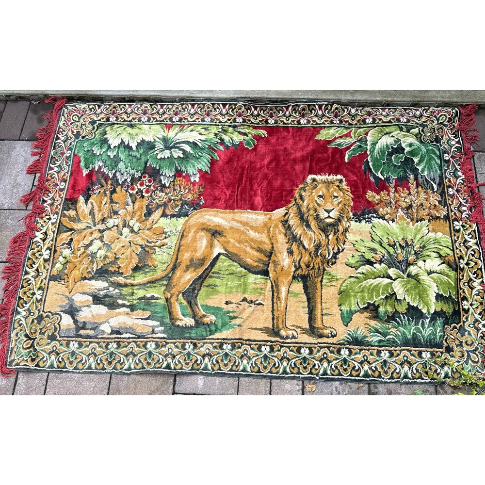 Vintage Tapestry Wall Hanging lion 1970's  boho retro decor animals 70x48”